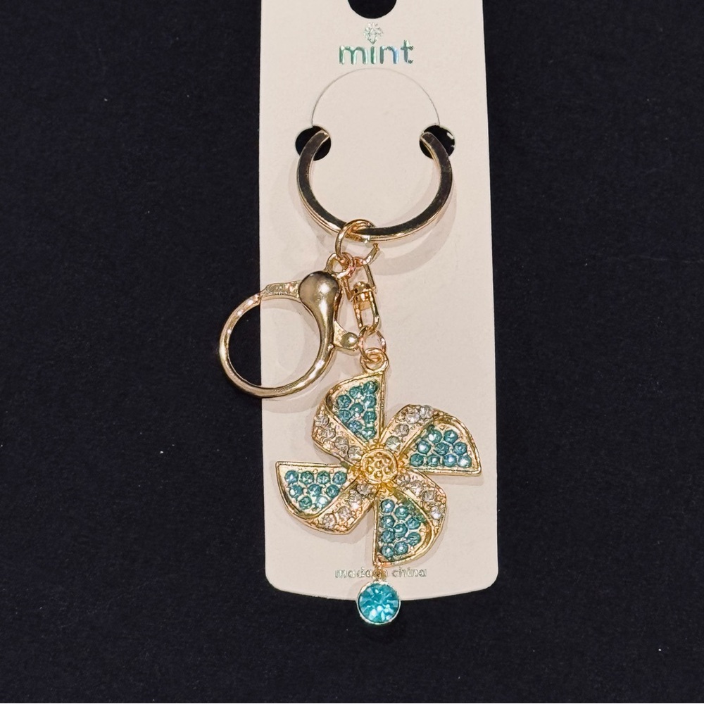 BAG CHARM Mint Blue and Clear Sparkling Gold Pinwheel Dangle Crystal Keychain
